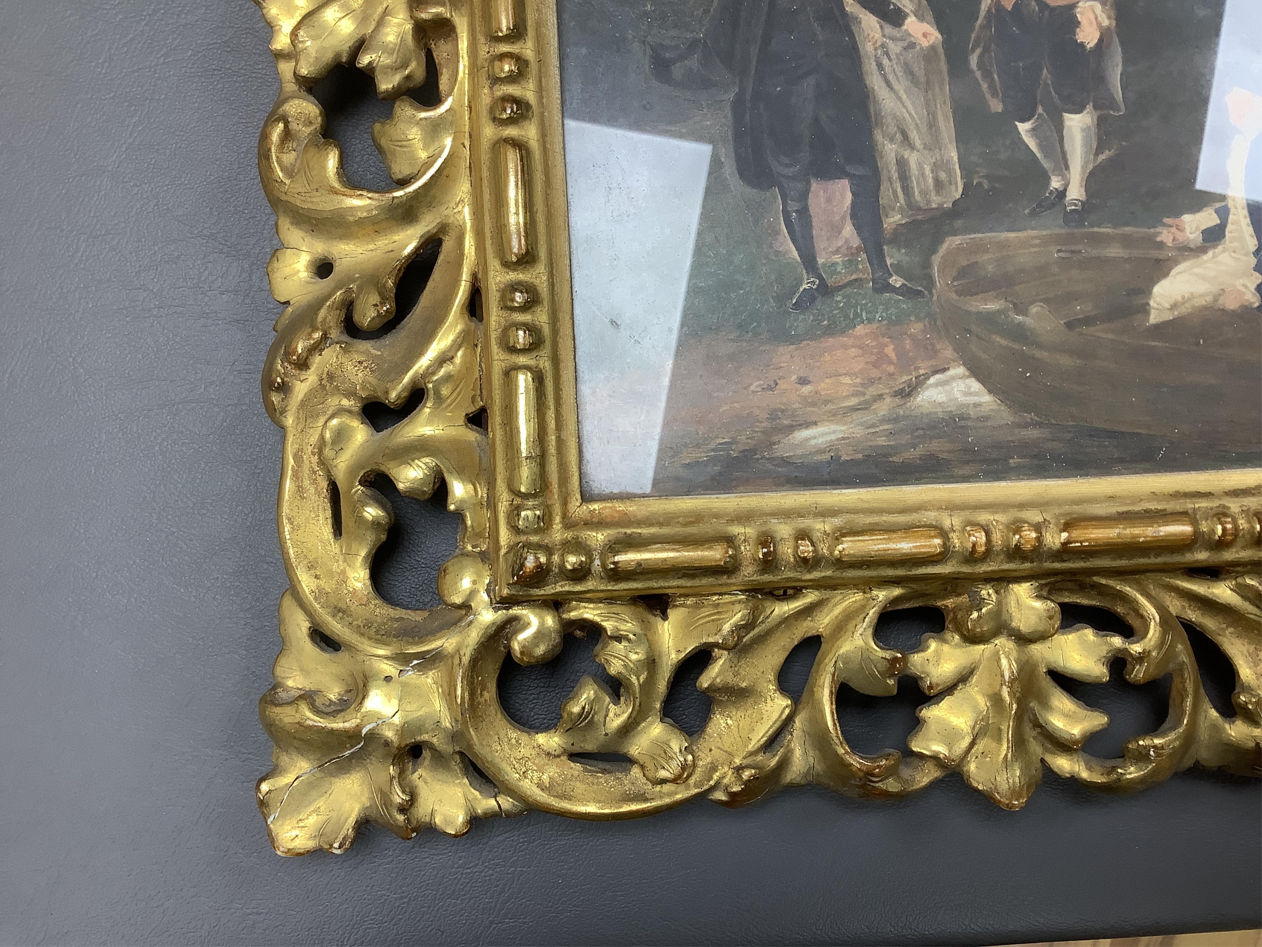 After Francis Wheatley RA (1747-1801), oil on board, ‘The Garden Party’, 22 x 17cm, housed in a giltwood Florentine frame. Condition - fair to good, some damage to the frame